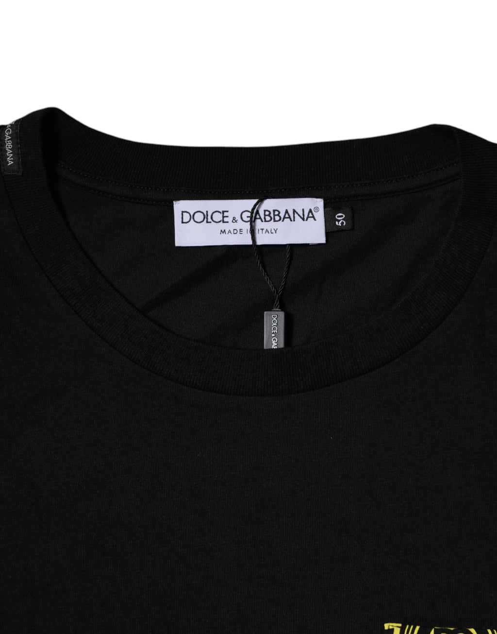 T-shirt en coton noir Dolce & Gabbana avec logo imprimé à manches courtes et col rond, vue de face.