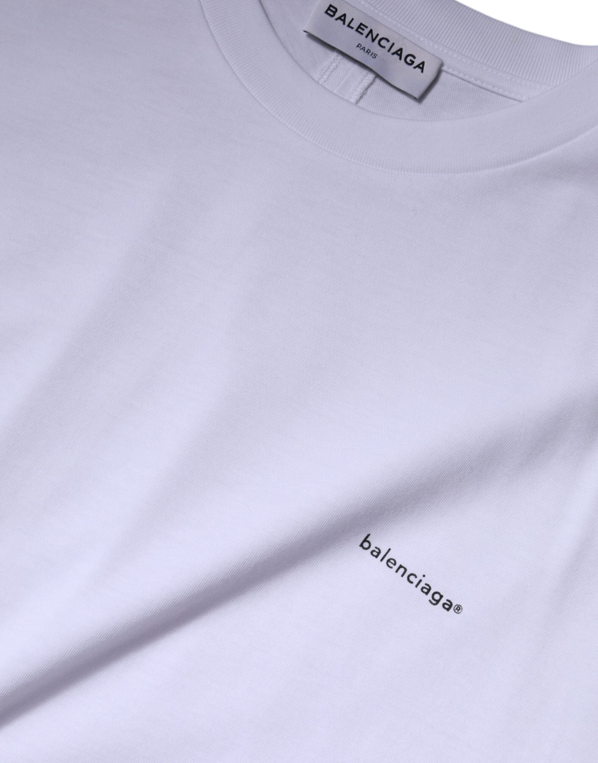 T-shirt blanc Balenciaga en coton à logo, col rond et manches courtes, vue de face.