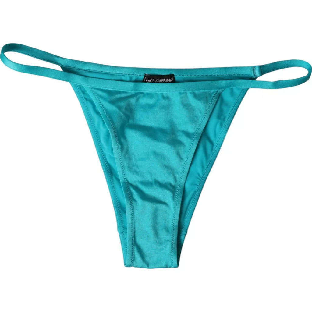 Bas de maillot de bain Dolce & Gabbana en nylon bleu et vert, style plage et vacances, visible en détail sur l'image.