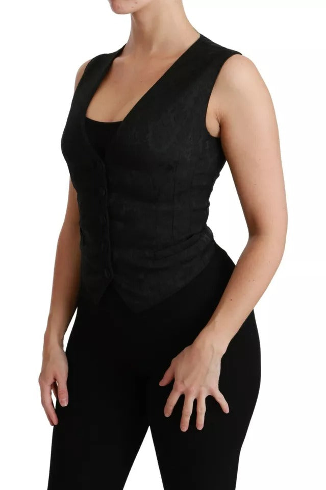 Gilet noir en dentelle Dolce & Gabbana, veste slim en soie élégante avec détails en lace, pour femme.
