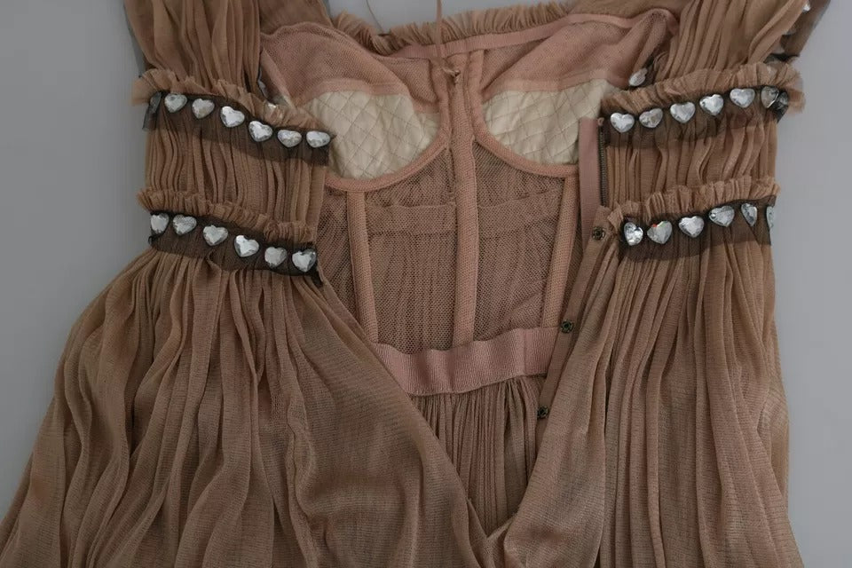 Robe maxi sans manches en soie marron de Dolce & Gabbana, coupe droite élégante, vue de face.