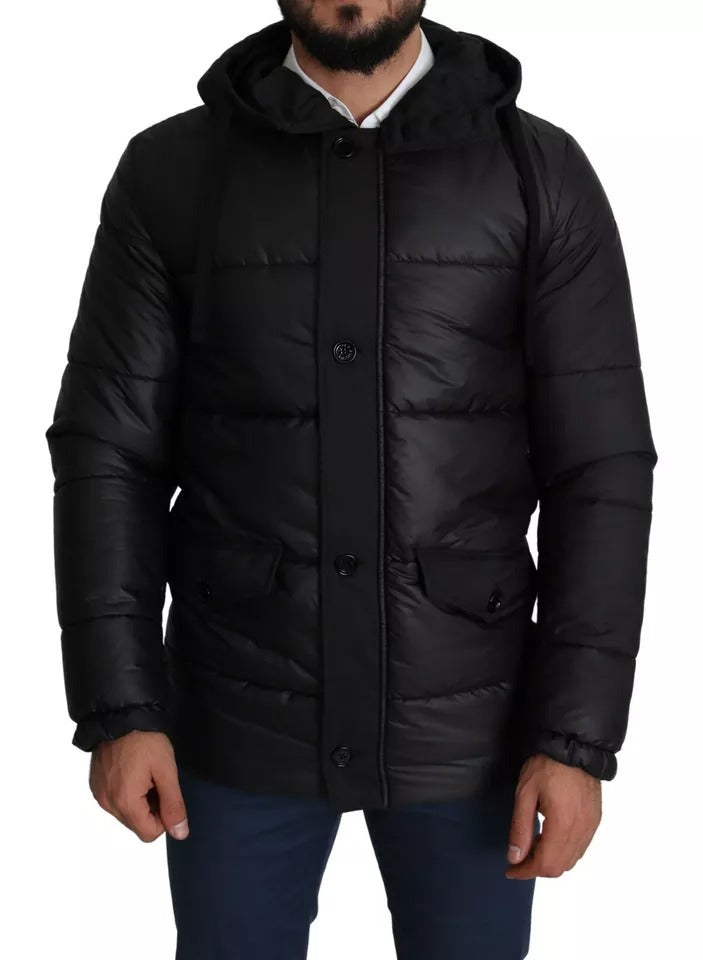 Manteau homme noir Dolce & Gabbana en polyester avec capuche, veste padding chaud et décontractée, style puffer.