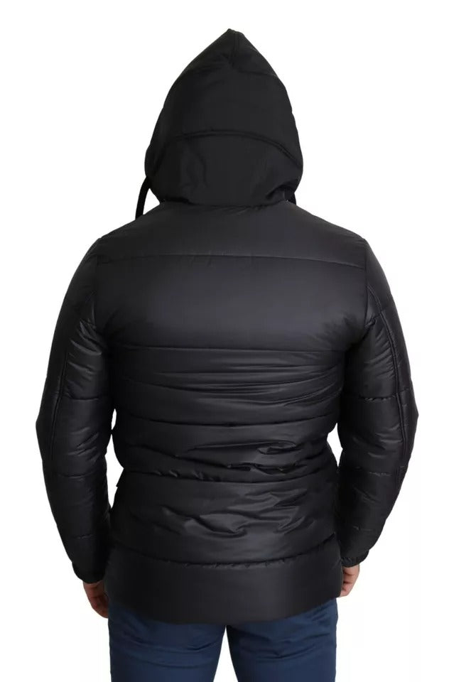 Manteau homme noir Dolce & Gabbana en polyester avec capuche, style puffer, chaud et décontracté.