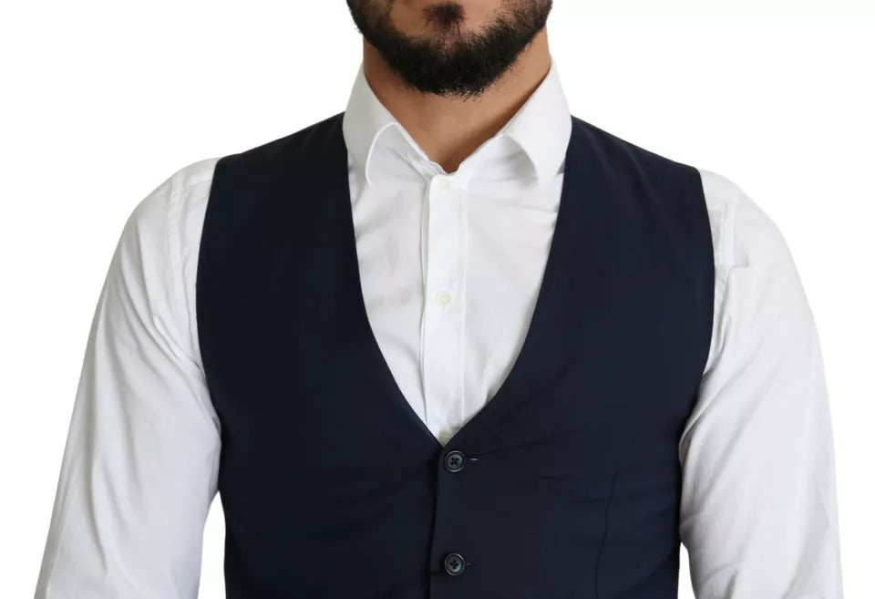 Gilet de costume homme bleu marine Dolce & Gabbana, élégant, en tissu formel, avec boutons et coupe ajustée.