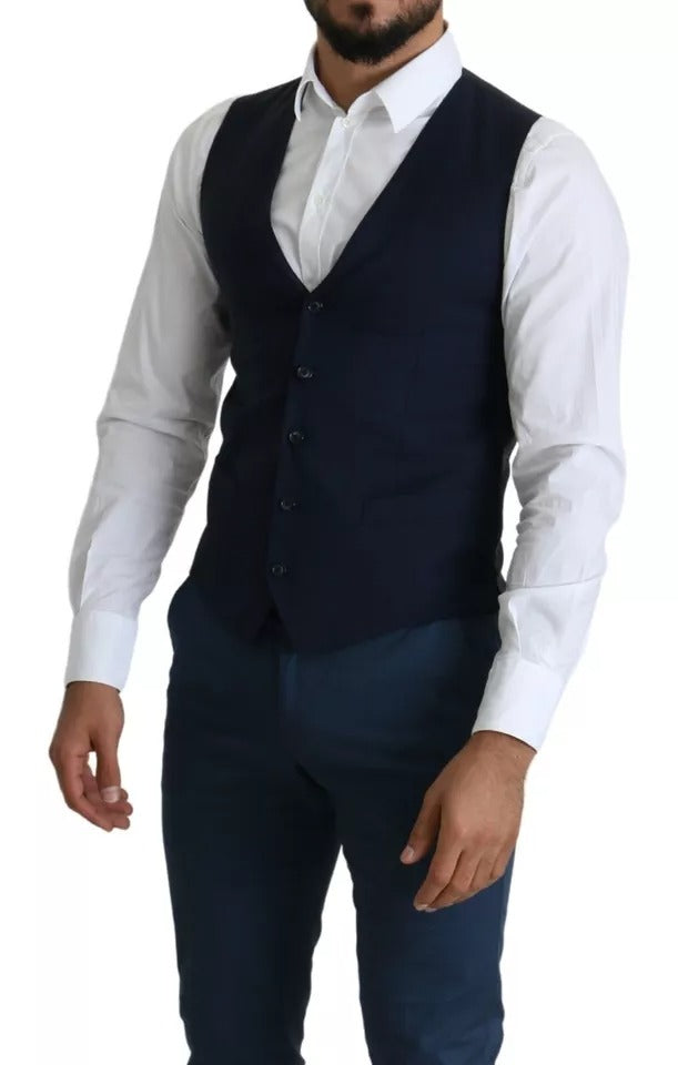 Gilet de costume bleu marine pour homme Dolce & Gabbana, élégant et formel, avec boutons et col en tissu fin.