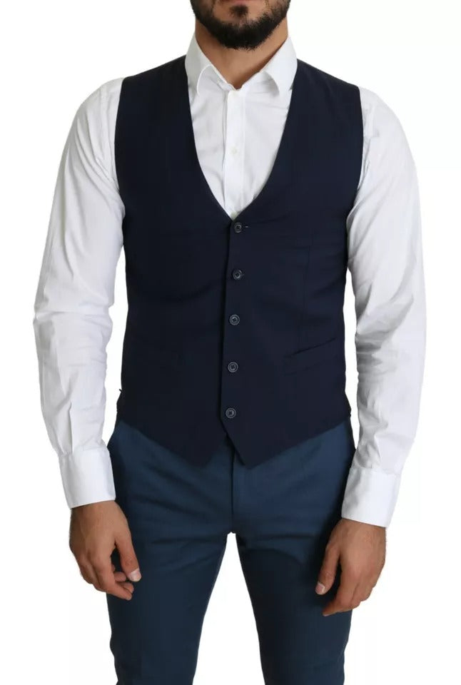 Gilet de costume bleu marine pour homme de la marque Dolce & Gabbana, détail élégant et coupe ajustée.