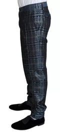 Costume deux pièces Dolce & Gabbana bleu argent brillant avec veste slim dorée, vue de face, élégant et sophistiqué.