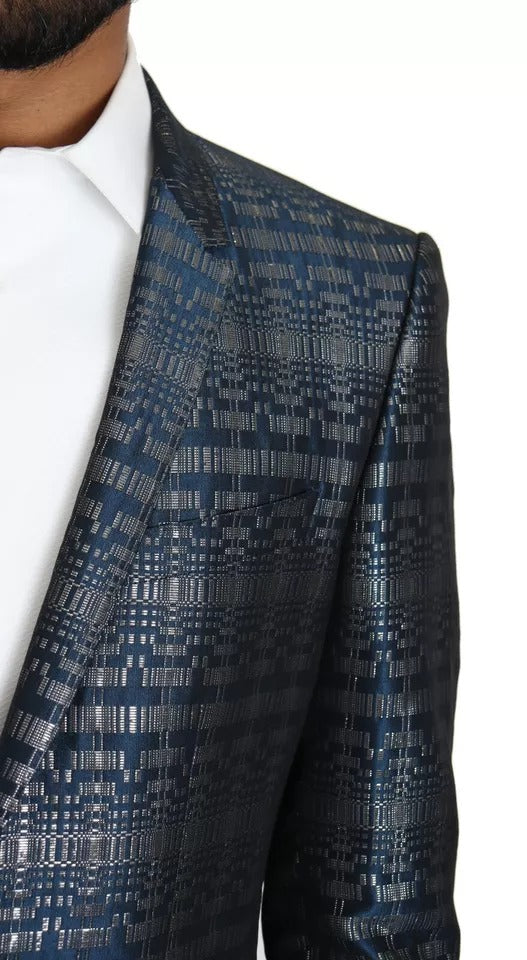 Costume slim doré Dolce & Gabbana bleu et argent brillant en deux pièces, élégant et moderne.