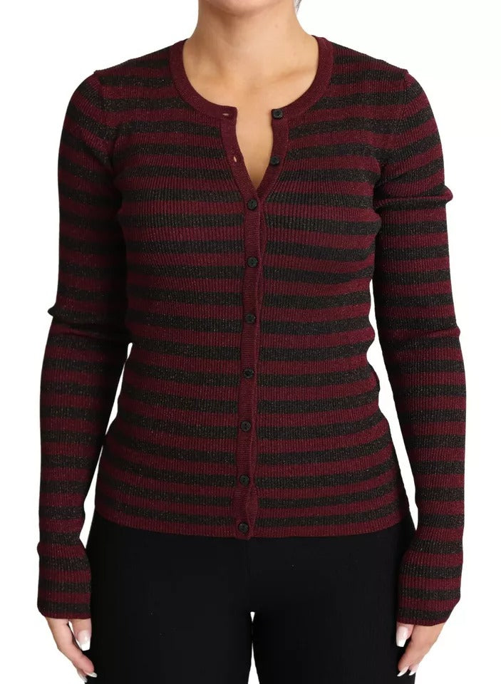 Cardigan pour femme Dolce & Gabbana en noir et rouge à rayures, pull en laine avec col en V et manches longues.
