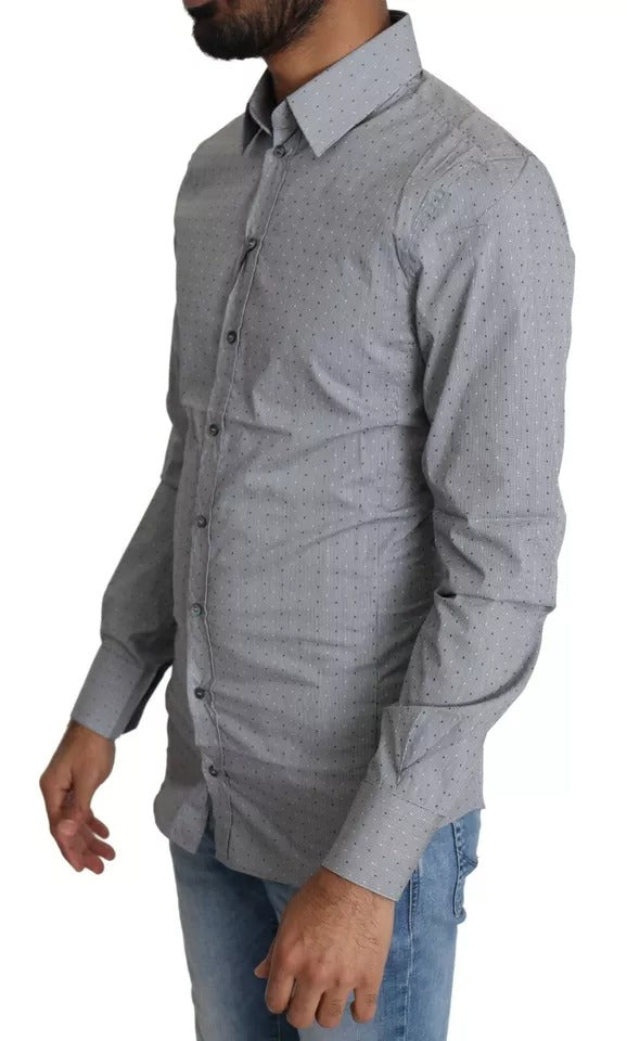 Chemise formelle grise Dolce & Gabbana Sicilia Dotted, semi-ajustée avec motifs à pois, élégante et classique.