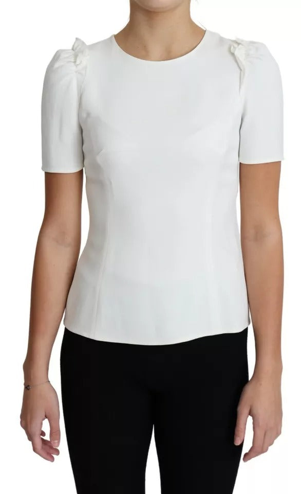 Blouse blanche en viscose extensible à manches courtes de Dolce & Gabbana, vue de face.