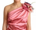 Robe midi rose Dolce & Gabbana en drapé avec appliqués floraux, élégante et féminine.