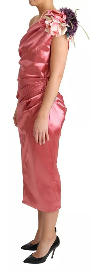 Robe midi rose drapée Dolce & Gabbana avec appliqué floral, manches longues et design élégant.