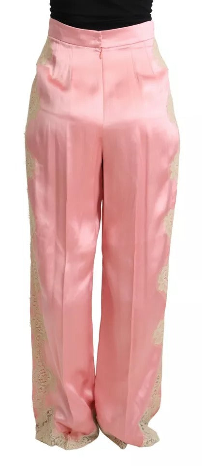 Pantalons en satin de soie rose avec ourlet en dentelle, coupe large, Dolce & Gabbana, élégants et sophistiqués.