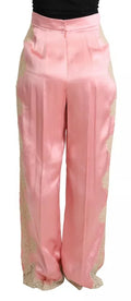 Pantalons en satin de soie rose à large jambes avec broderie en dentelle Dolce & Gabbana, style élégant et sophistiqué.