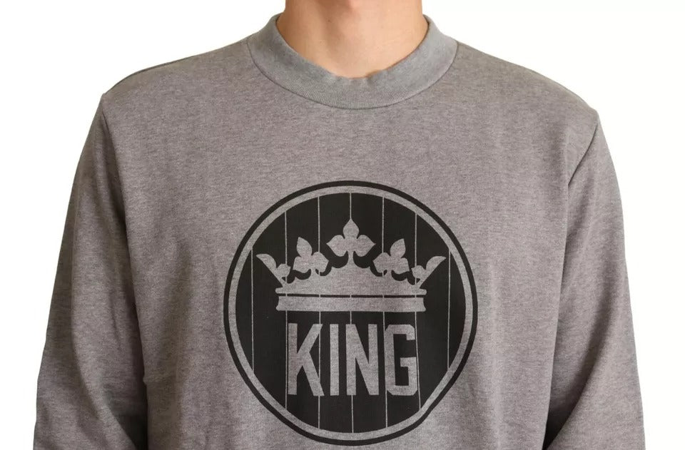 Pull en coton gris Dolce & Gabbana Crown King, pull-over confortable avec logo et design élégant.