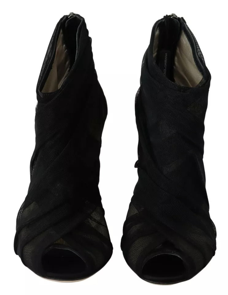 Bottes à talons stilettos noires en tulle Dolce & Gabbana, chaussures élégantes avec semelle fine et design sophistiqué.