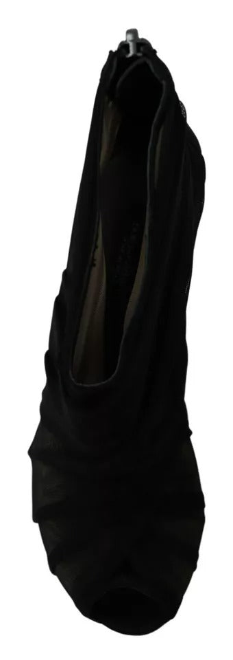 Bottes à talons aiguilles en tulle noir Dolce & Gabbana, chaussures élégantes avec design sophistiqué, vue de côté.