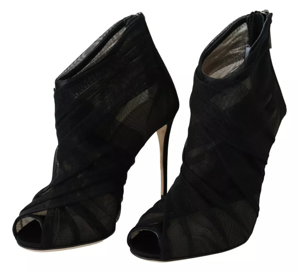 Bottines noires en tulle avec talons aiguille Dolce & Gabbana, chaussures élégantes à semelle fine et design sophistiqué.