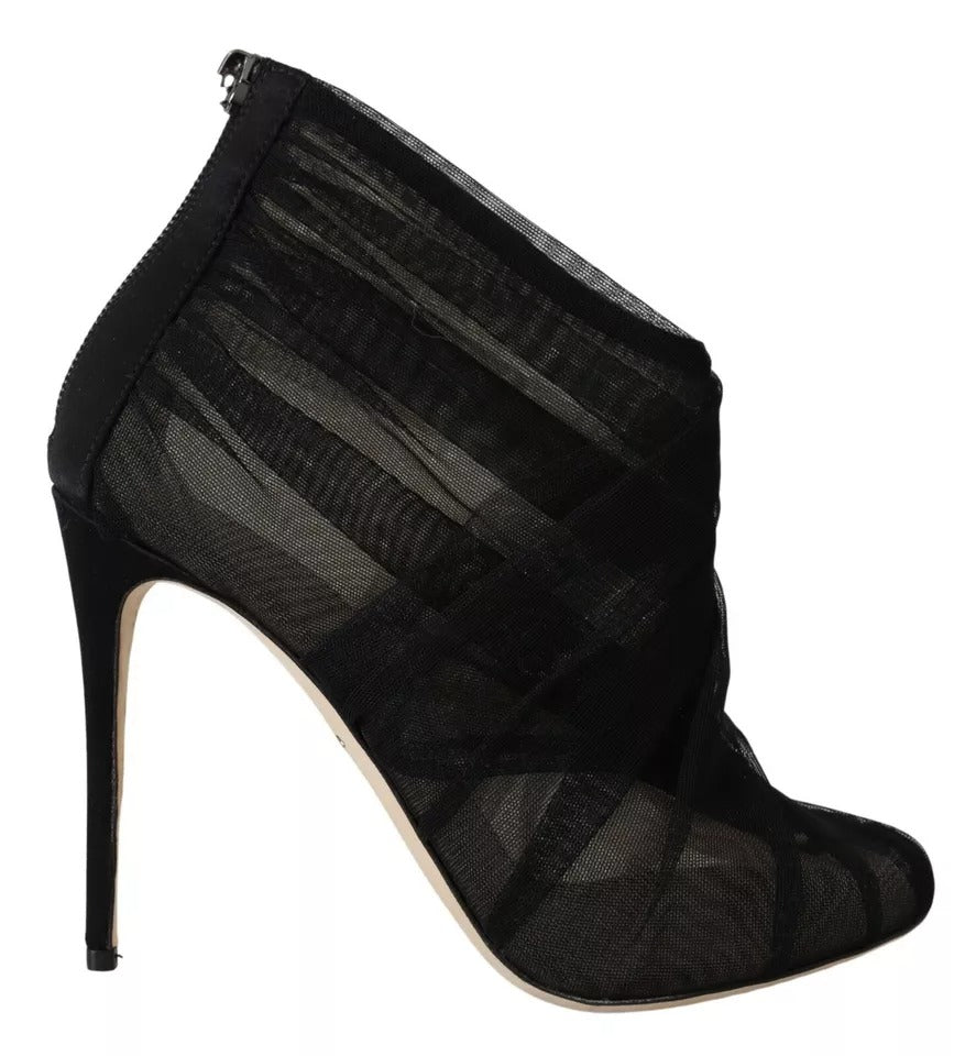 Boots à talons stilettos en tulle noir de Dolce & Gabbana, chaussures élégantes pour femme.