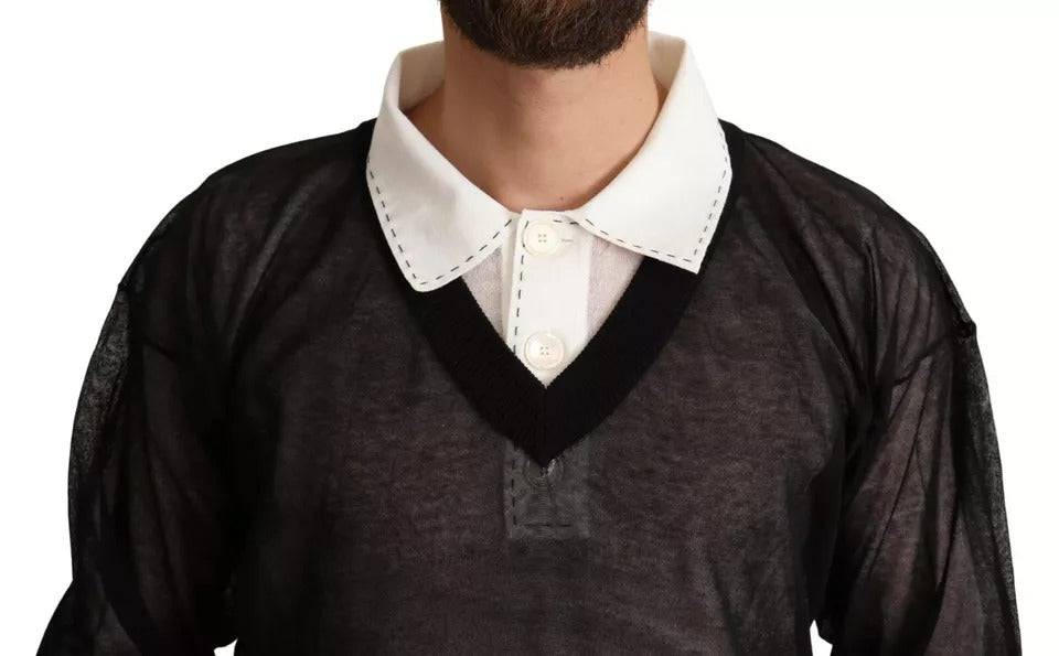 Pull à col rond Dolce & Gabbana, pull-over noir et blanc en coton, porté sur un mannequin.