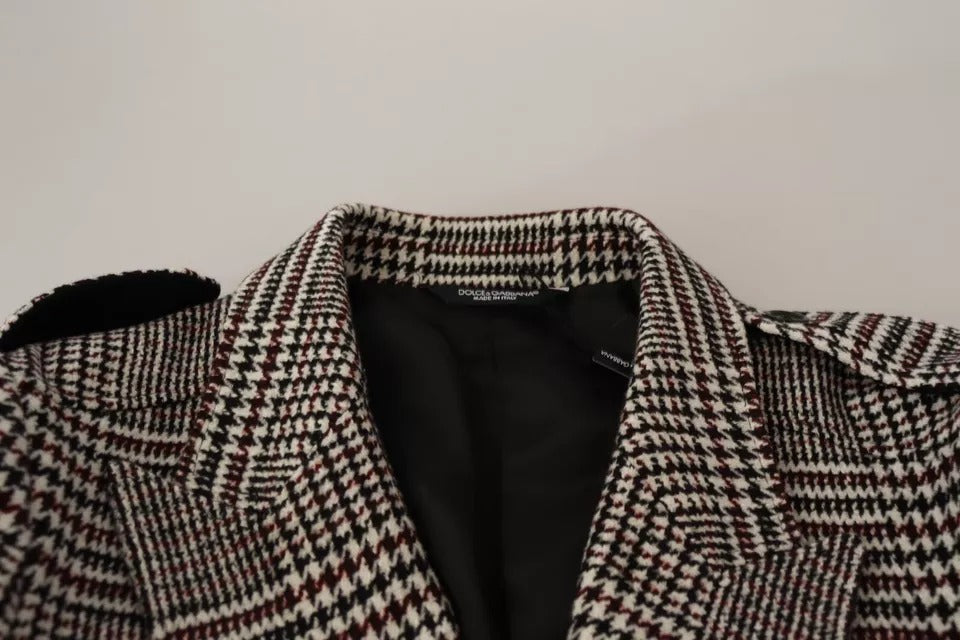 Manteau long à carreaux gris Dolce & Gabbana, trench coat élégant avec ceinture et col classique, parfait pour l'automne.