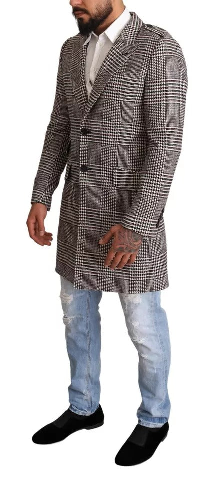 Manteau trench long à carreaux gris Dolce & Gabbana, veste élégante en tissu à motif tartan.