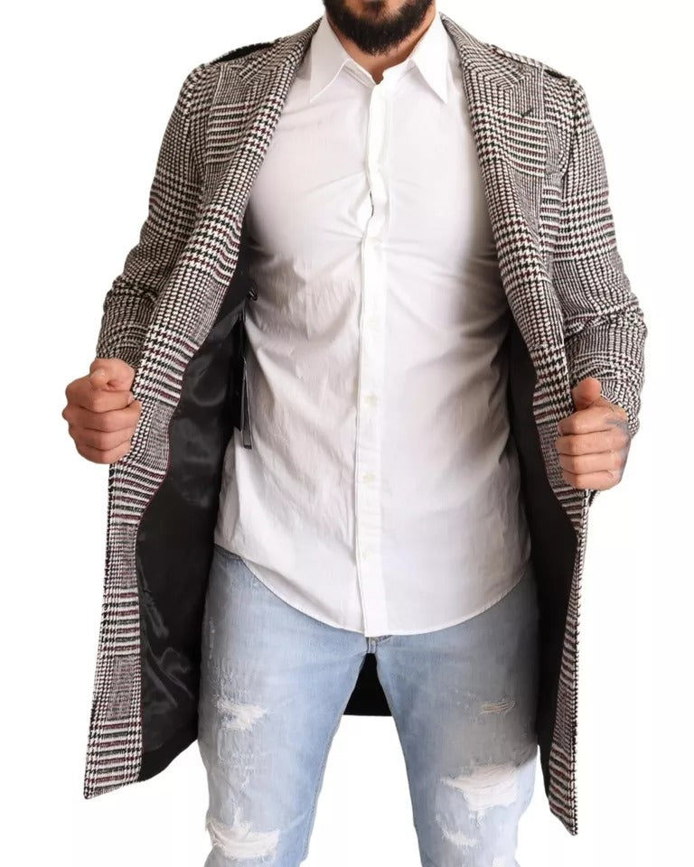 Manteau trench long à carreaux gris Dolce & Gabbana, veste élégante en tissu à motif check, classique et sophistiqué.