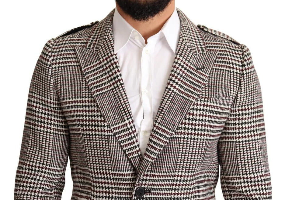Manteau trench long à carreaux gris de Dolce & Gabbana, veste élégante avec motif à carreaux et ceinture à la taille.