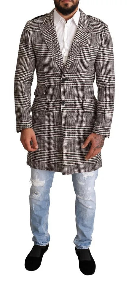 Manteau trench long à carreaux gris de Dolce & Gabbana, veste élégante avec motif à carreaux pour femme.
