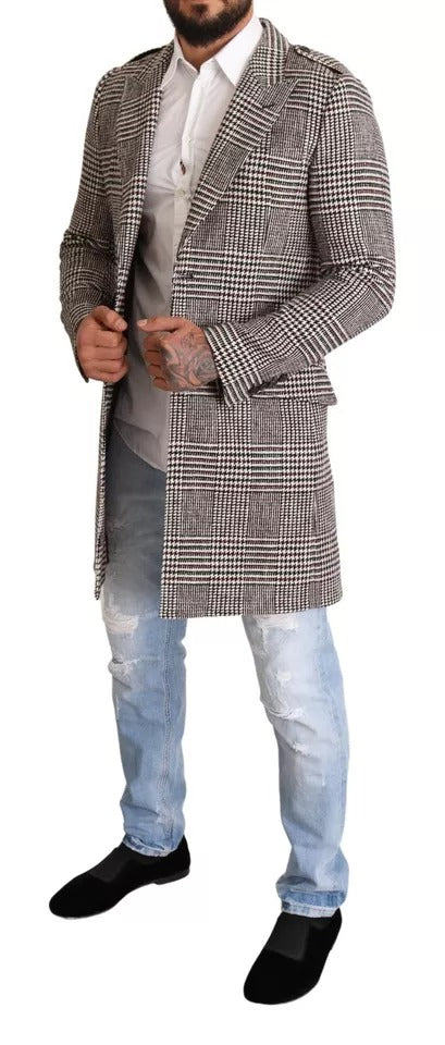 Manteau trench long à carreaux gris Dolce & Gabbana, veste élégante en tissu à motif check pour femme.
