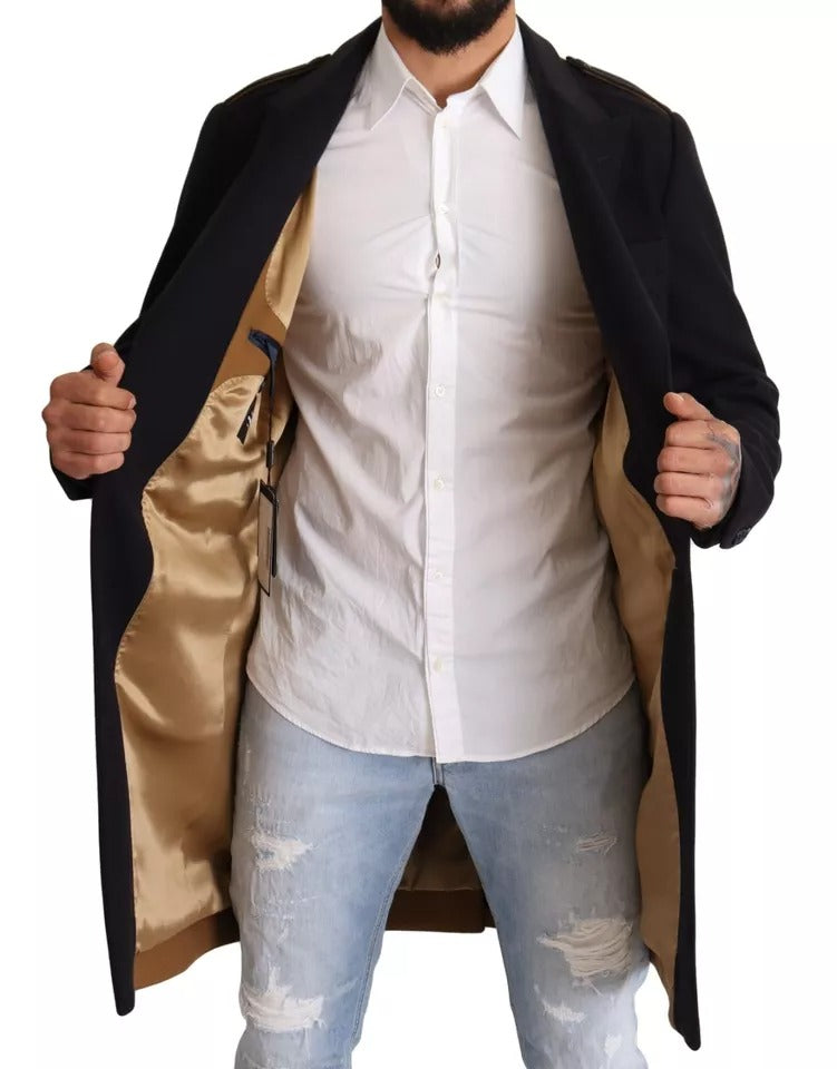 Manteau trench bleu longue en laine et stretch de Dolce & Gabbana, veste élégante pour femmes.