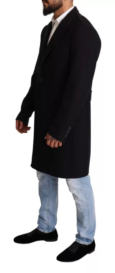 Manteau trench bleu en laine stretch long Dolce & Gabbana, veste élégante avec ceinture et détails classiques.