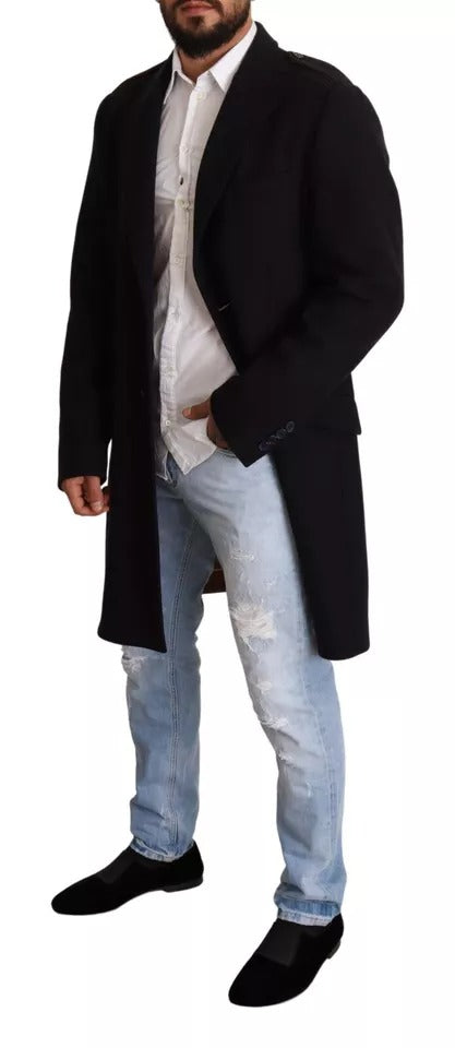 Manteau trench bleu long en laine extensible de Dolce & Gabbana, veste élégante pour femmes avec coupe sophistiquée.