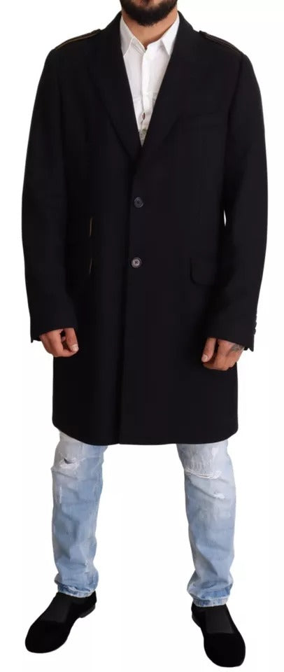 Manteau trench bleu Dolce & Gabbana en laine stretch, long et élégant, porté sur un mannequin.