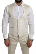 Ensemble Dolce & Gabbana Sicilia beige en laine crème, costume trois pièces avec foulard, vue de face.