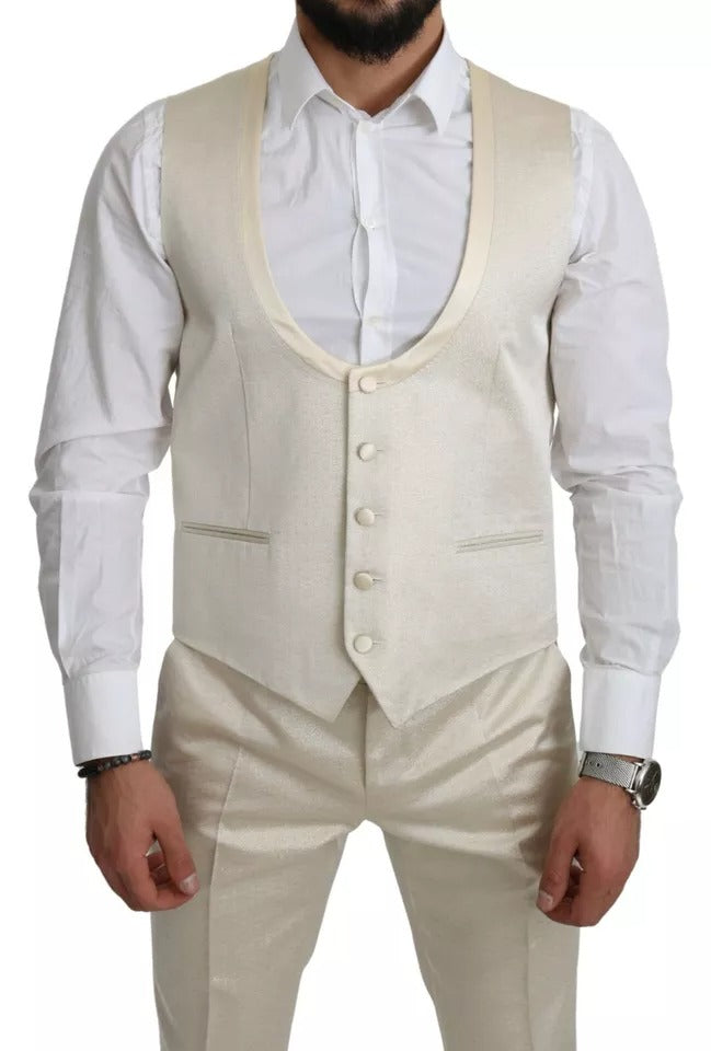 Ensemble Dolce & Gabbana Sicilia beige en laine crème, costume trois pièces avec foulard, vue de face.