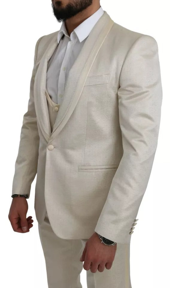 Ensemble Dolce & Gabbana beige en laine crème, costume à trois pièces Sicilia avec foulard et veste élégante.