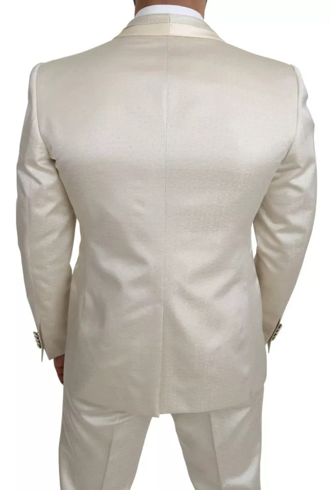 Ensemble Dolce & Gabbana en laine beige crème avec foulard, trois pièces, style Sicilia, visible en détail.