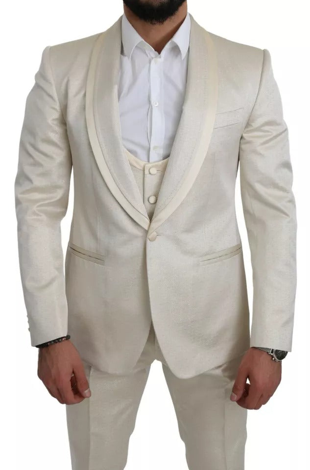 Ensemble Dolce & Gabbana en laine beige Crème Sicilia, costume à 3 pièces avec foulard et veste élégante.