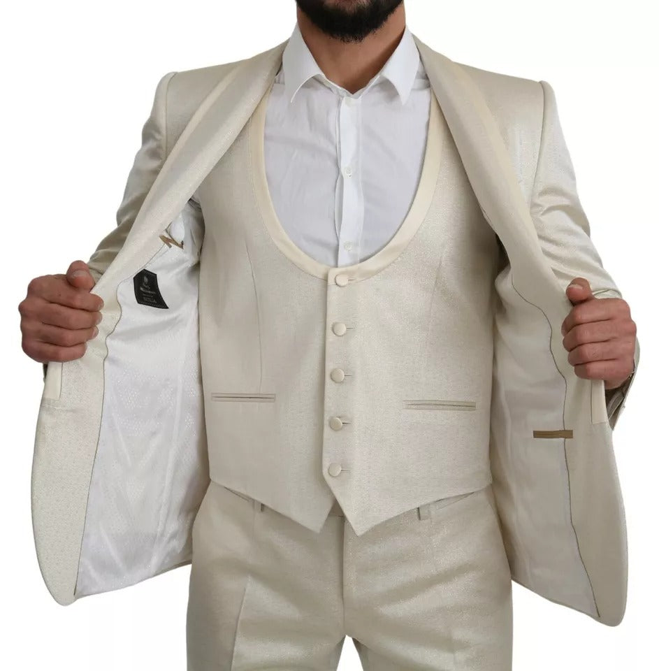 Ensemble Dolce & Gabbana en laine beige crème, costume à trois pièces Sicilia avec foulard, élégance sophistiquée.