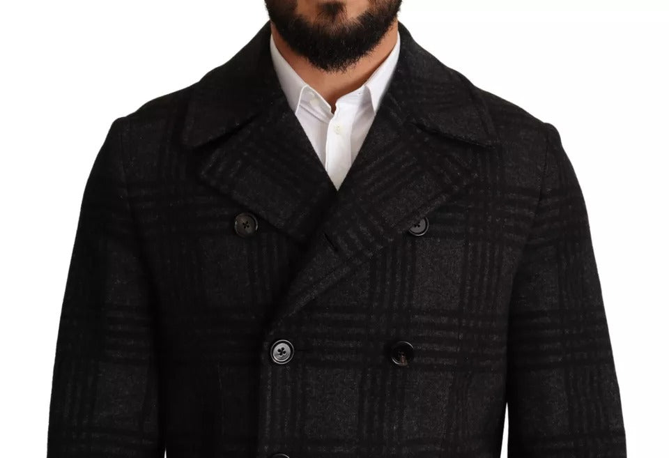 Manteau trench noir Dolce & Gabbana en laine à carreaux, élégant et chaud, aperçu en image.