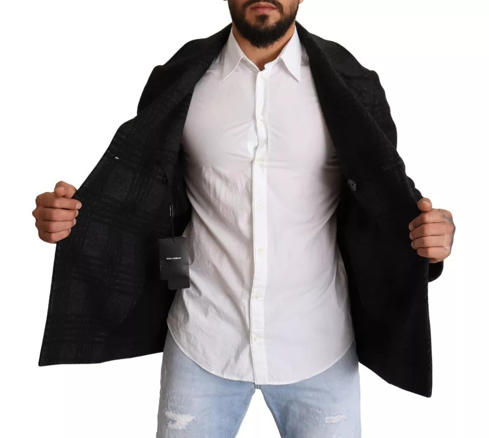 Manteau trench noir Dolce & Gabbana en laine à carreaux, élégant et chaud, avec ceinture et détails sophistiqués.