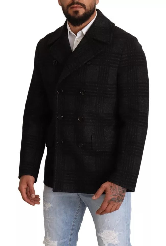 Manteau trench noir Dolce & Gabbana en laine à carreaux, élégant et chaud, avec ceinture et détails sophistiqués.