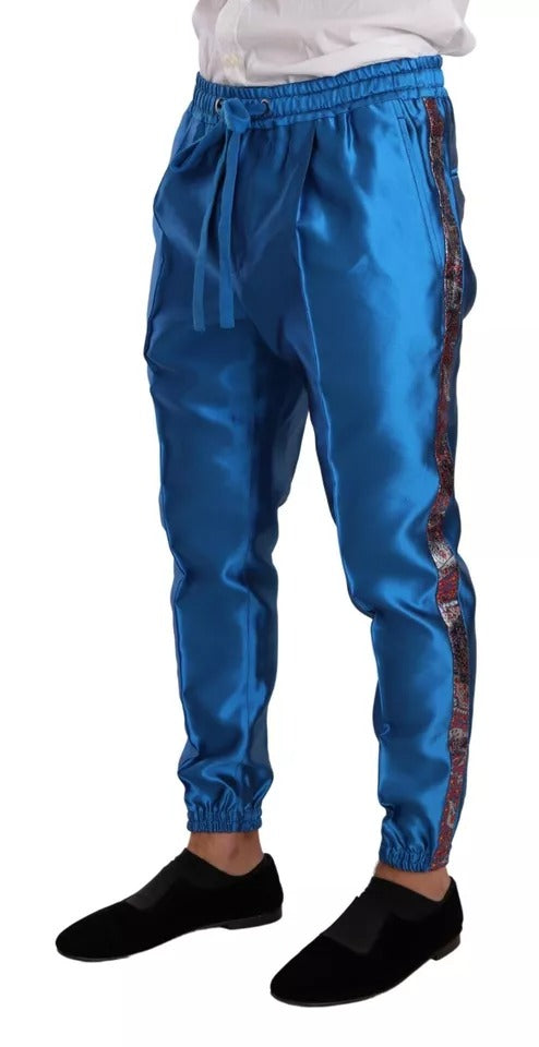 Costume formel en soie jacquard bleue de Dolce & Gabbana, ensemble 2 pièces élégant et sophistiqué.