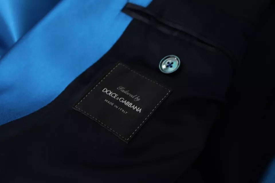 Costume formel en soie jacquard bleue de Dolce & Gabbana, ensemble 2 pièces élégant pour occasion spéciale.