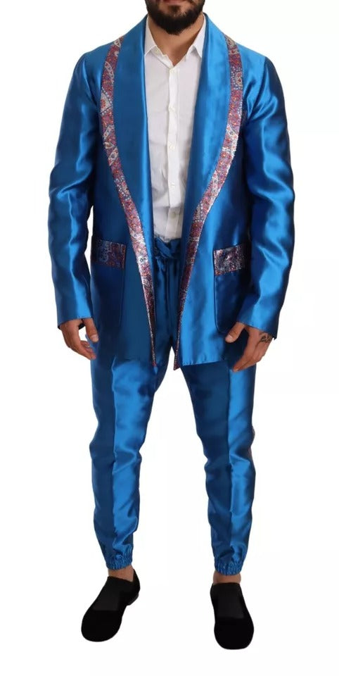 Costume formel en soie jacquard bleue de Dolce & Gabbana, ensemble 2 pièces élégant pour occasions spéciales