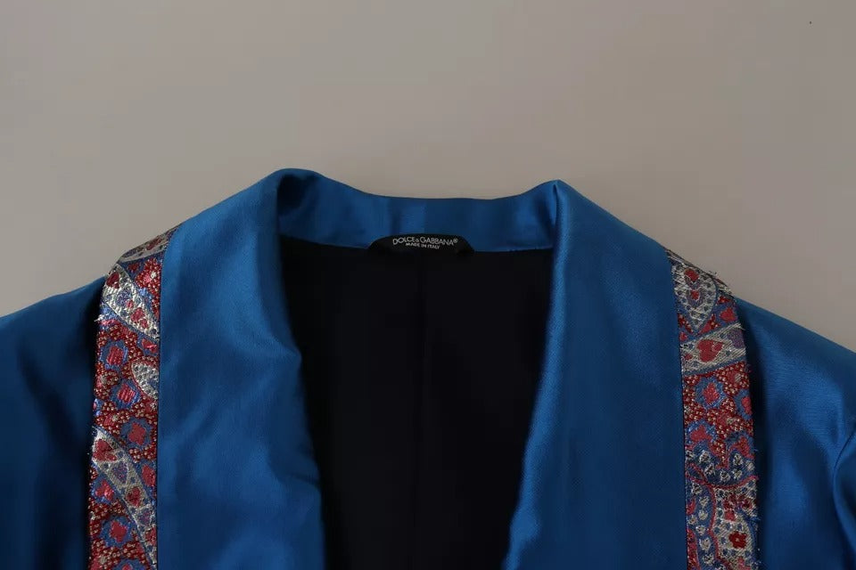 Costume formel en soie jacquard bleue de Dolce & Gabbana, ensemble 2 pièces élégant et sophistiqué.
