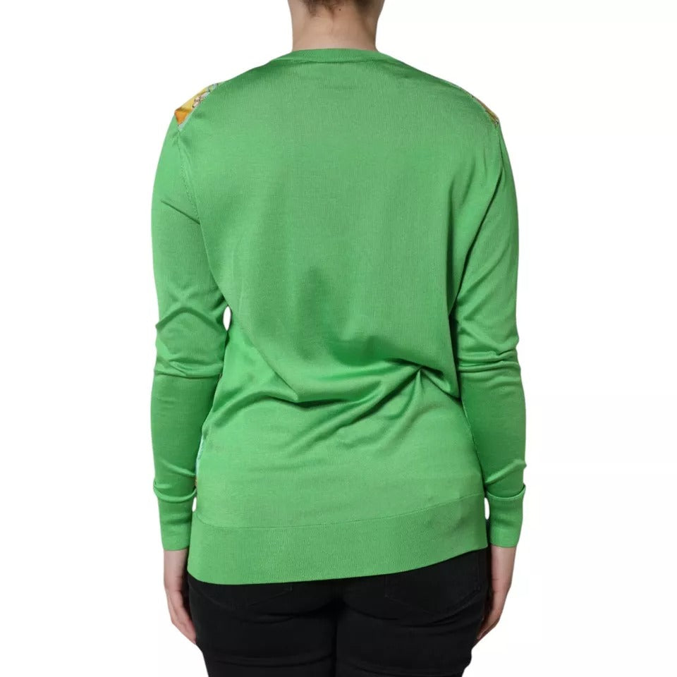 Pull Dolce & Gabbana en soie verte avec manches longues et motif Granita Al Limone, élégant et sophistiqué.