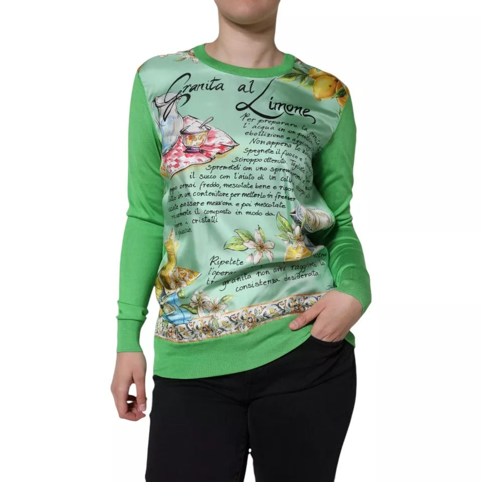 Pull Dolce & Gabbana en soie verte à manches longues Granita Al Limone, détails élégants et tissu fluide.